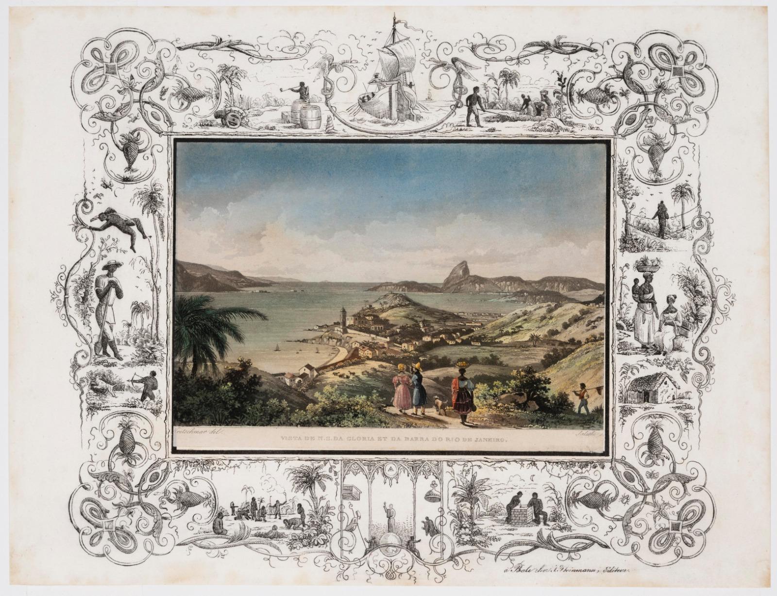 Gravura do álbum Souvenirs de Rio de Janeiro, publicado em 1836. Vista da Nossa Senhora da Glória e barra do Rio de Janeiro, de Johann Jacob Steinmann. Coleção Ema Klabin.