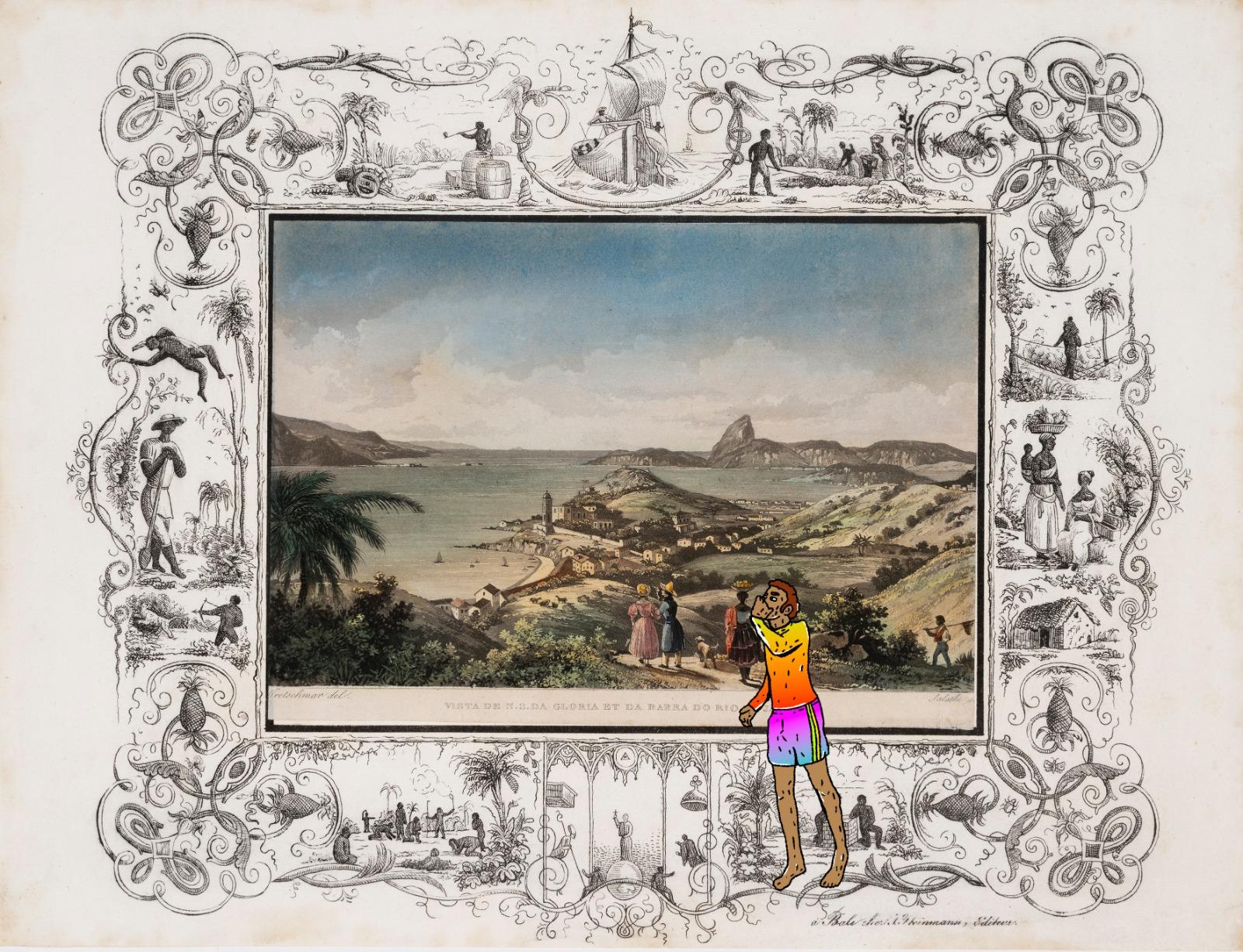 Intervenção de PV Dias na gravura do álbum Souvenirs de Rio de Janeiro, publicado em 1836. Vista da Nossa Senhora da Glória e barra do Rio de Janeiro, de Johann Jacob Steinmann. Coleção Ema Klabin.